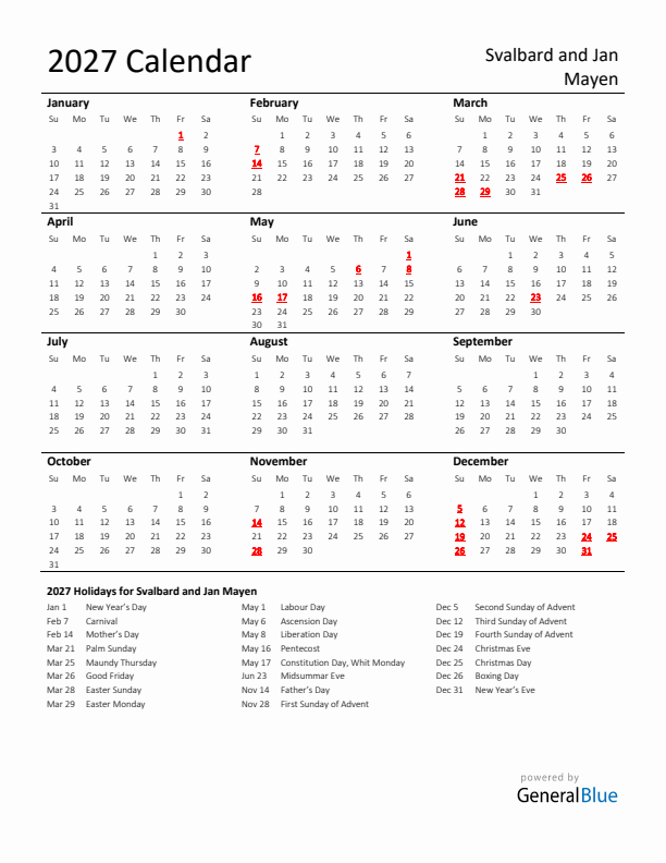 Standard Holiday Calendar for 2027 with Svalbard and Jan Mayen Holidays 