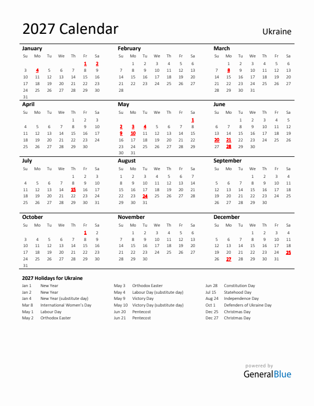 Standard Holiday Calendar for 2027 with Ukraine Holidays 