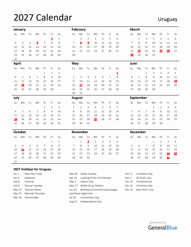 Standard Holiday Calendar for 2027 with Uruguay Holidays 