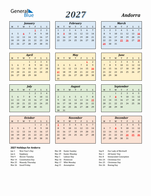 Andorra Calendar 2027 with Monday Start