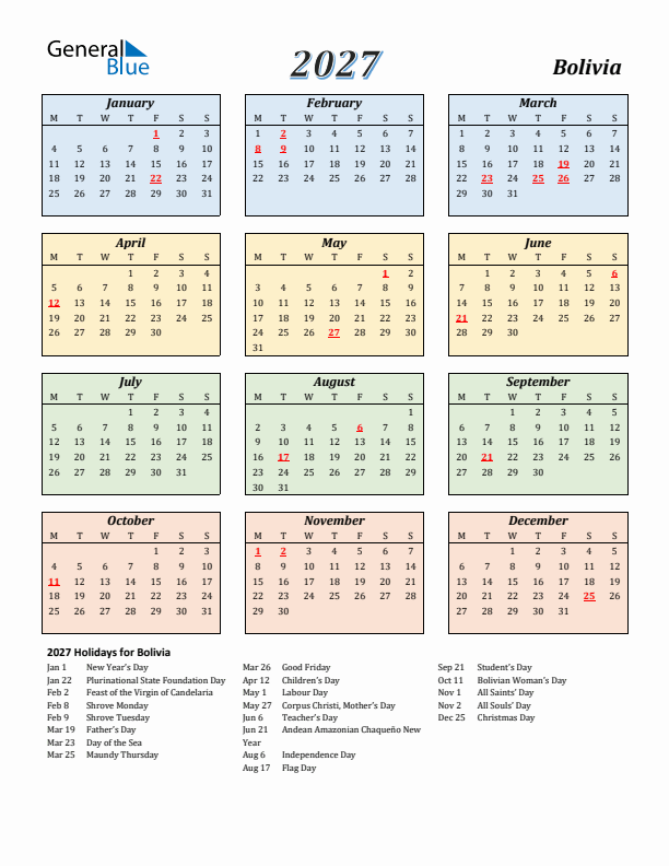 Bolivia Calendar 2027 with Monday Start