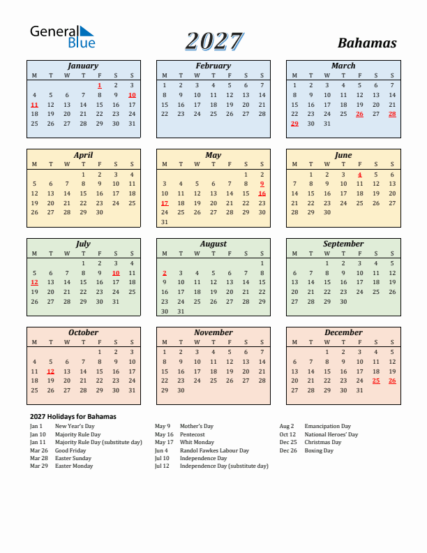 Bahamas Calendar 2027 with Monday Start