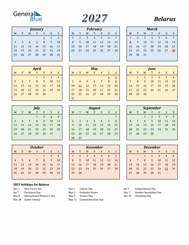 Belarus Calendar 2027 with Monday Start