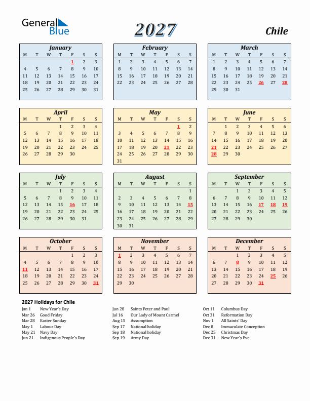 Chile Calendar 2027 with Monday Start