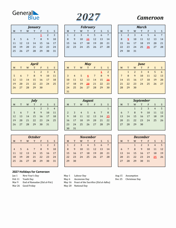 Cameroon Calendar 2027 with Monday Start