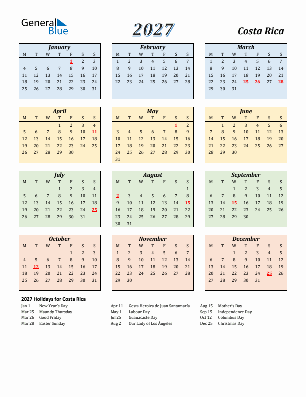 Costa Rica Calendar 2027 with Monday Start