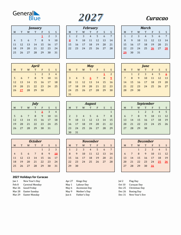 Curacao Calendar 2027 with Monday Start