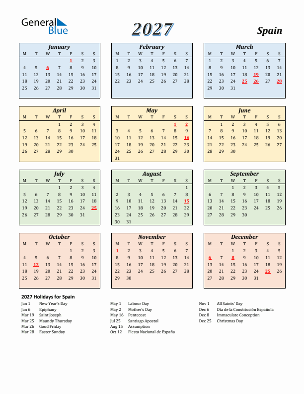 Spain Calendar 2027 with Monday Start