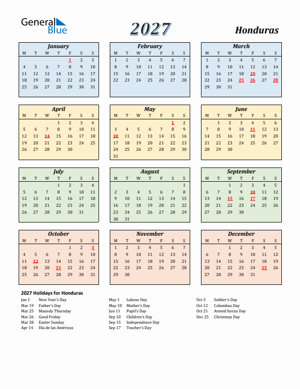 Honduras Calendar 2027 with Monday Start