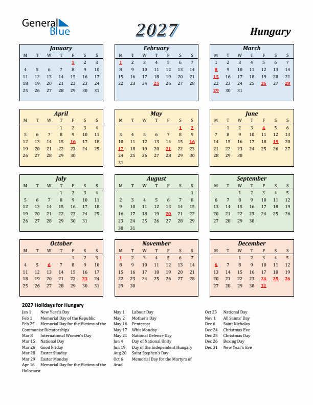 Hungary Calendar 2027 with Monday Start