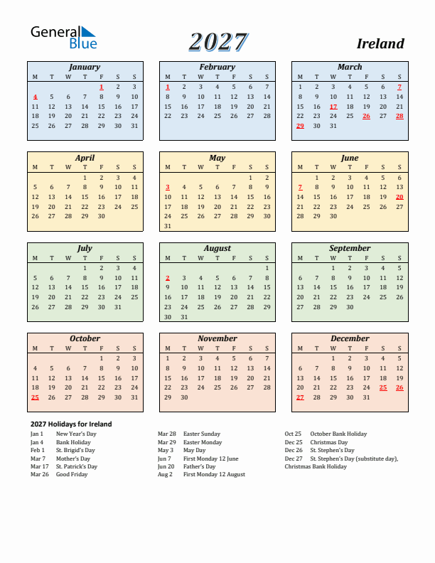 Ireland Calendar 2027 with Monday Start