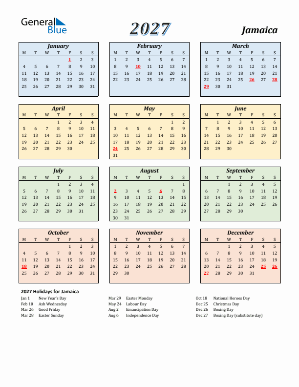 Jamaica Calendar 2027 with Monday Start