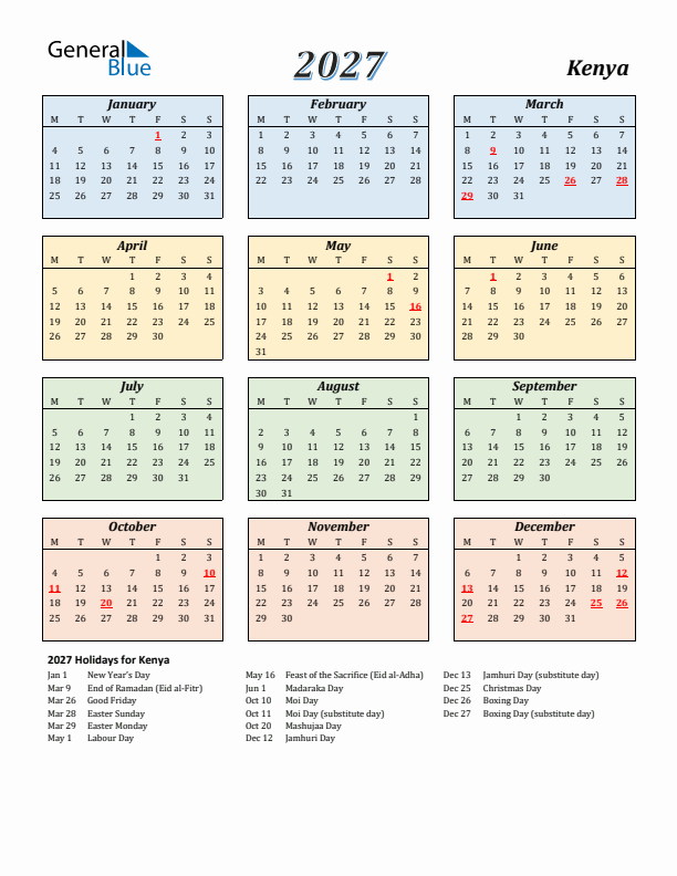 Kenya Calendar 2027 with Monday Start