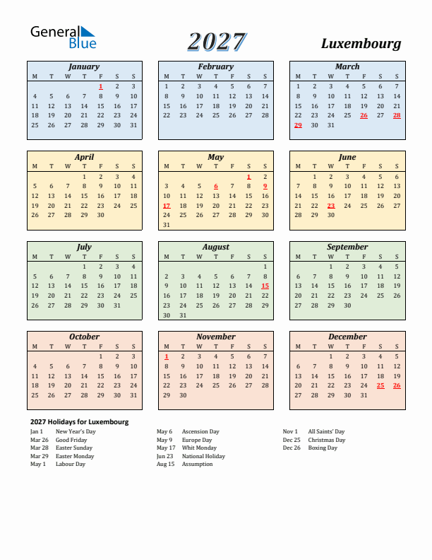 Luxembourg Calendar 2027 with Monday Start