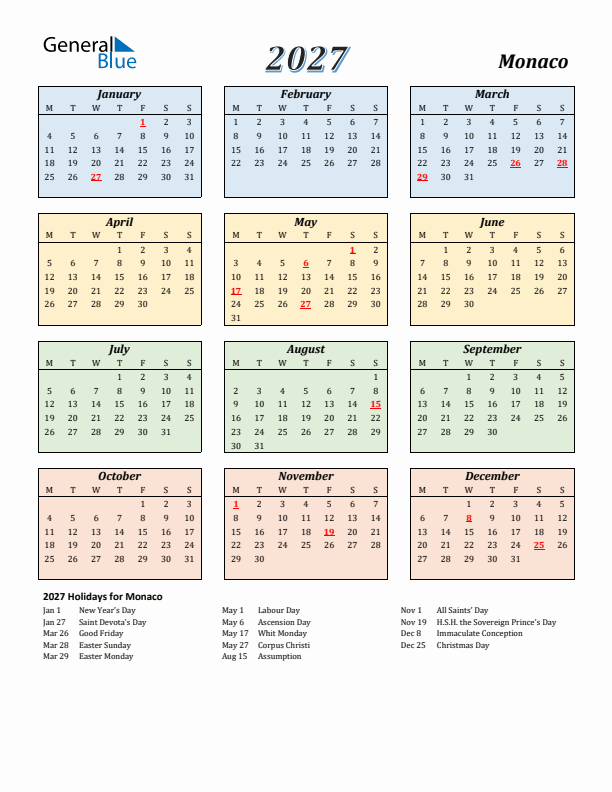 Monaco Calendar 2027 with Monday Start