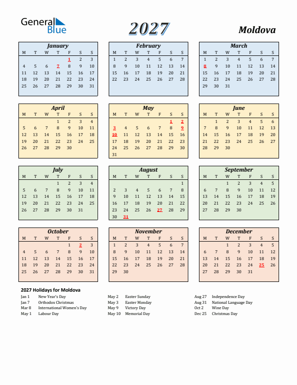 Moldova Calendar 2027 with Monday Start