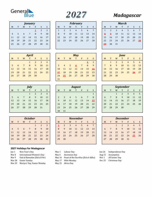 Madagascar Calendar 2027 with Monday Start