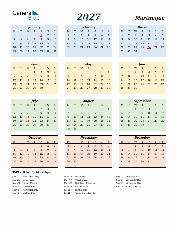 Martinique Calendar 2027 with Monday Start