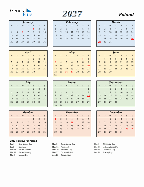 Poland Calendar 2027 with Monday Start