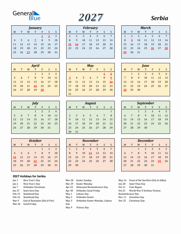 Serbia Calendar 2027 with Monday Start