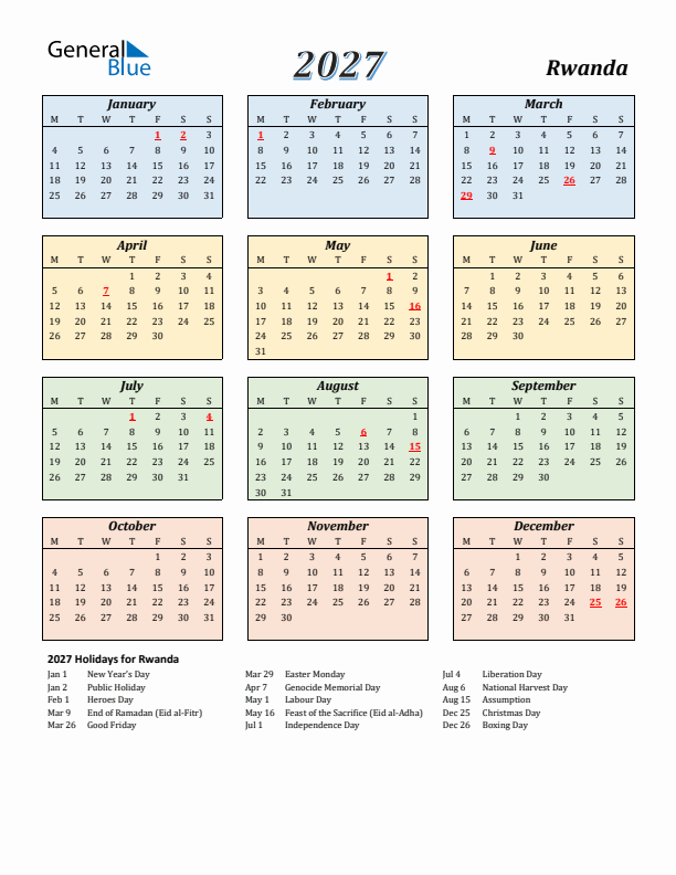 Rwanda Calendar 2027 with Monday Start