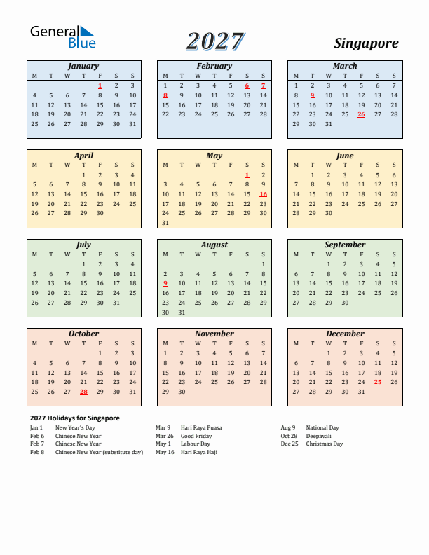 Singapore Calendar 2027 with Monday Start