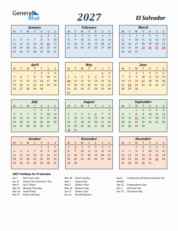 El Salvador Calendar 2027 with Monday Start