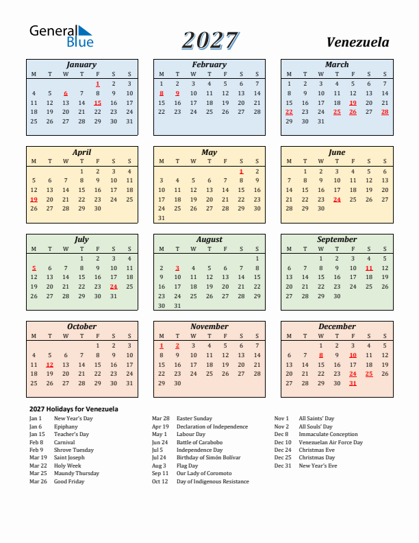 Venezuela Calendar 2027 with Monday Start