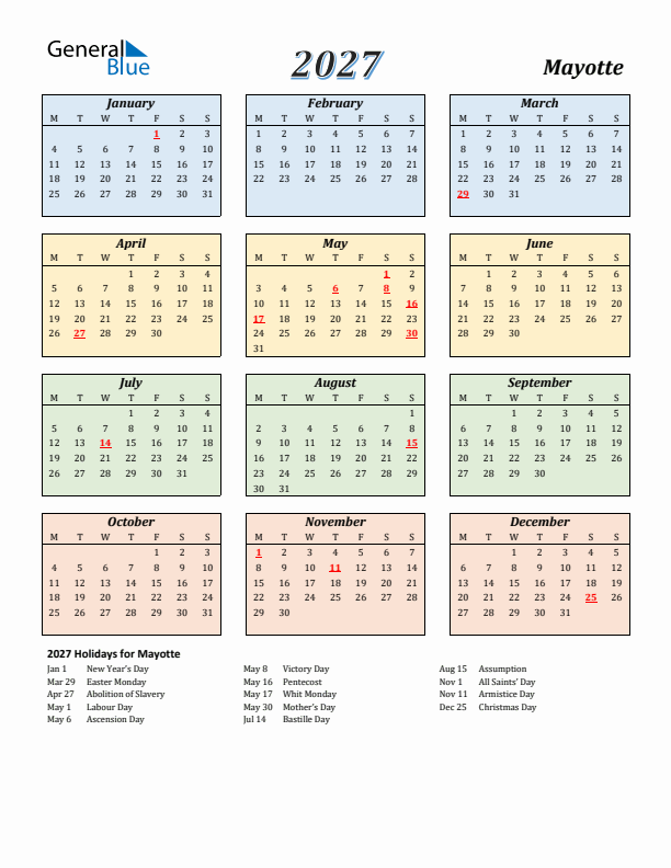 Mayotte Calendar 2027 with Monday Start