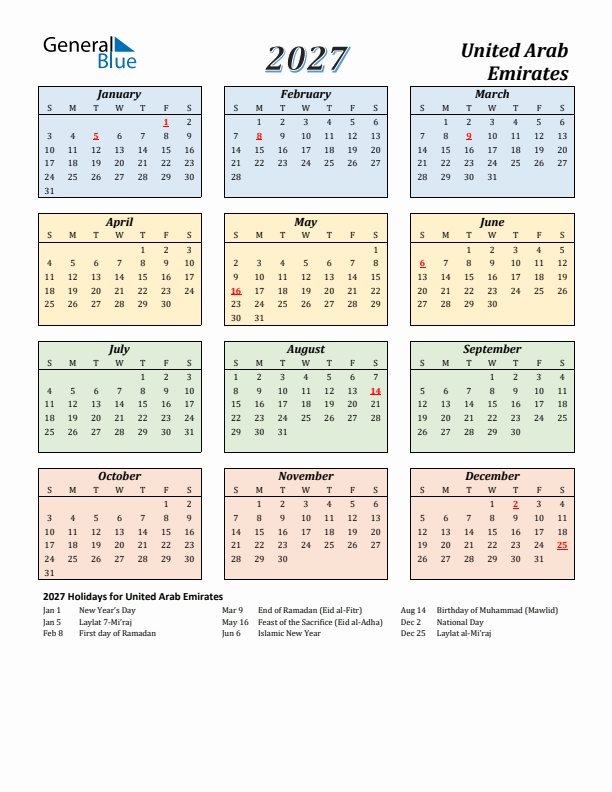 United Arab Emirates Calendar 2027 with Sunday Start