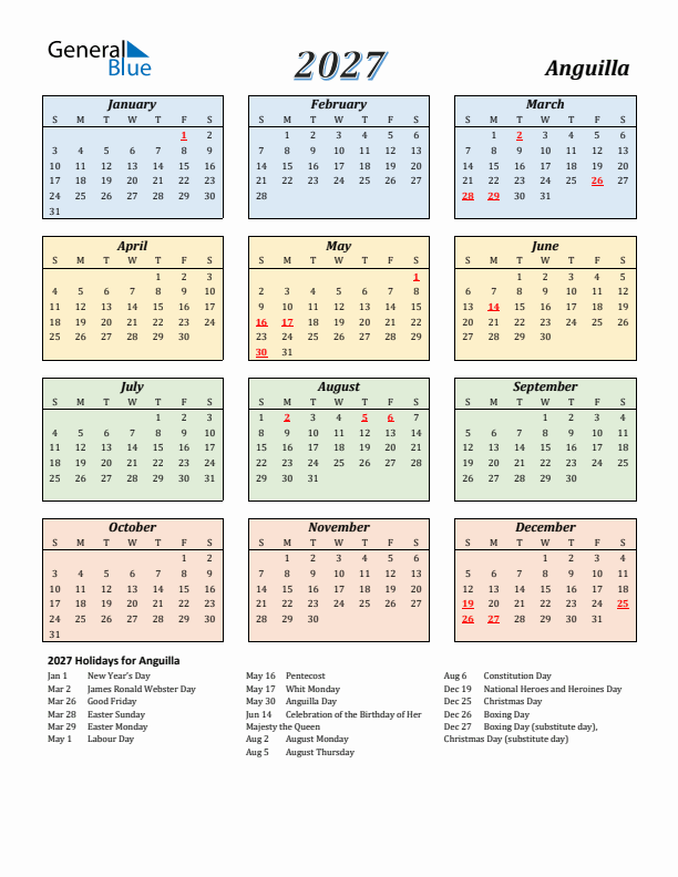 Anguilla Calendar 2027 with Sunday Start