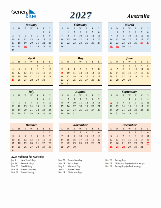 Australia Calendar 2027 with Sunday Start