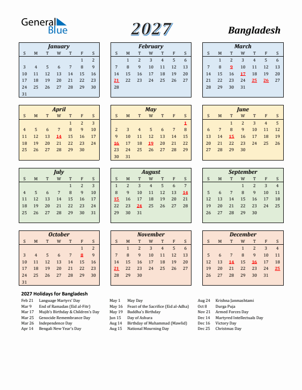 Bangladesh Calendar 2027 with Sunday Start