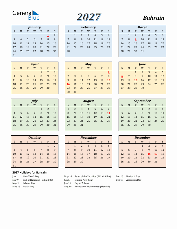 Bahrain Calendar 2027 with Sunday Start