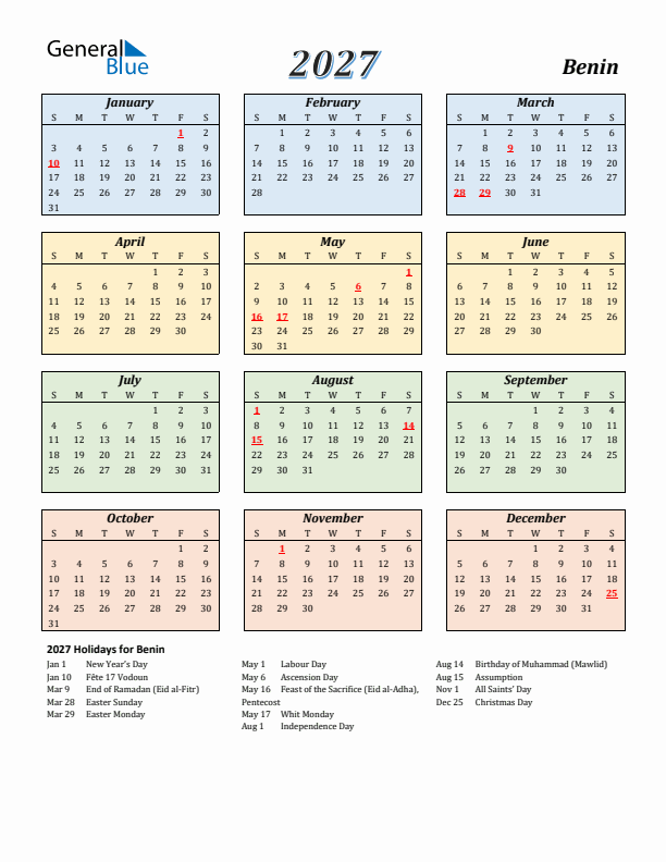 Benin Calendar 2027 with Sunday Start