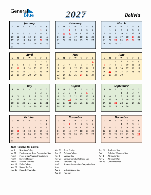 Bolivia Calendar 2027 with Sunday Start