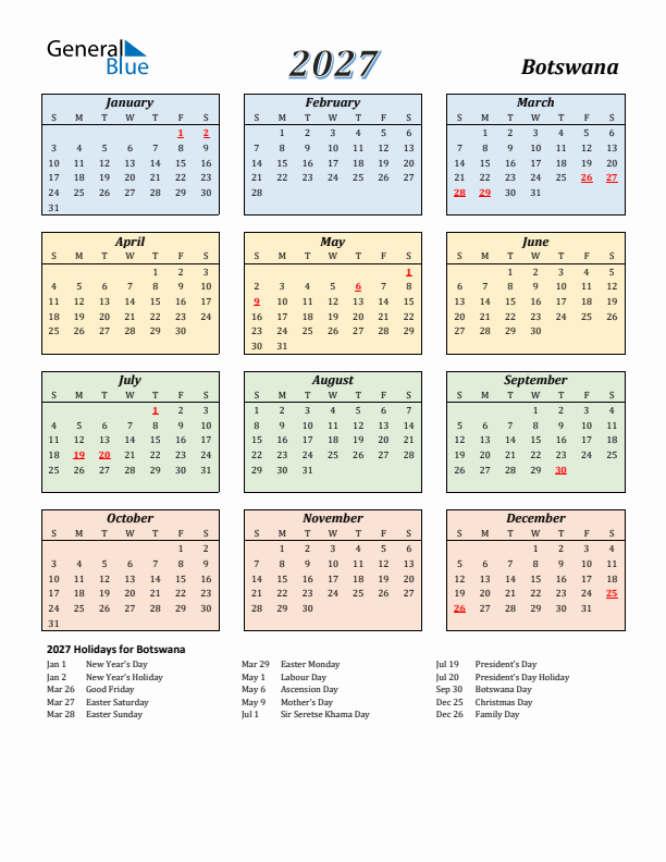 Botswana Calendar 2027 with Sunday Start