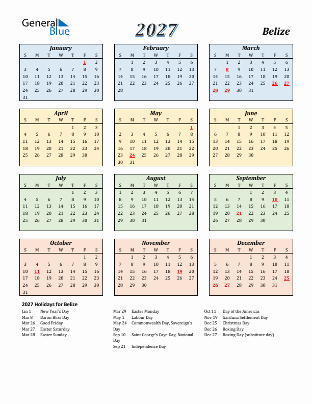 Belize Calendar 2027 with Sunday Start