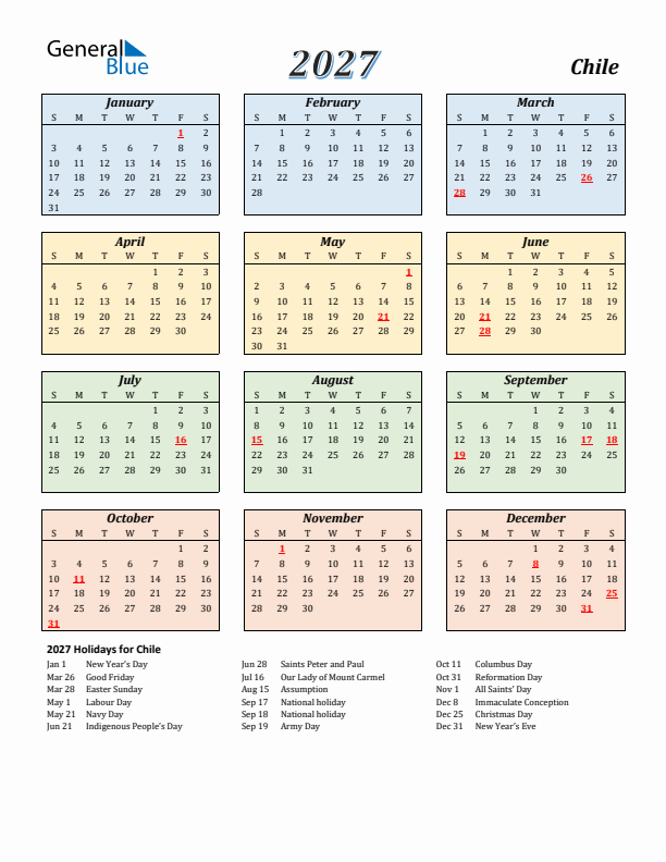 Chile Calendar 2027 with Sunday Start