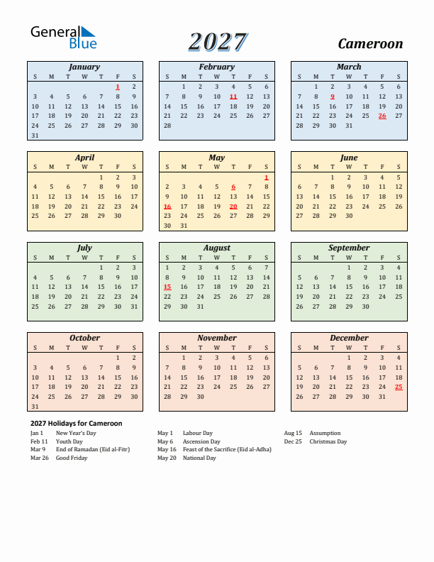 Cameroon Calendar 2027 with Sunday Start