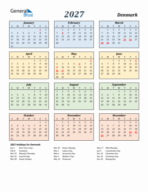 Denmark Calendar 2027 with Sunday Start