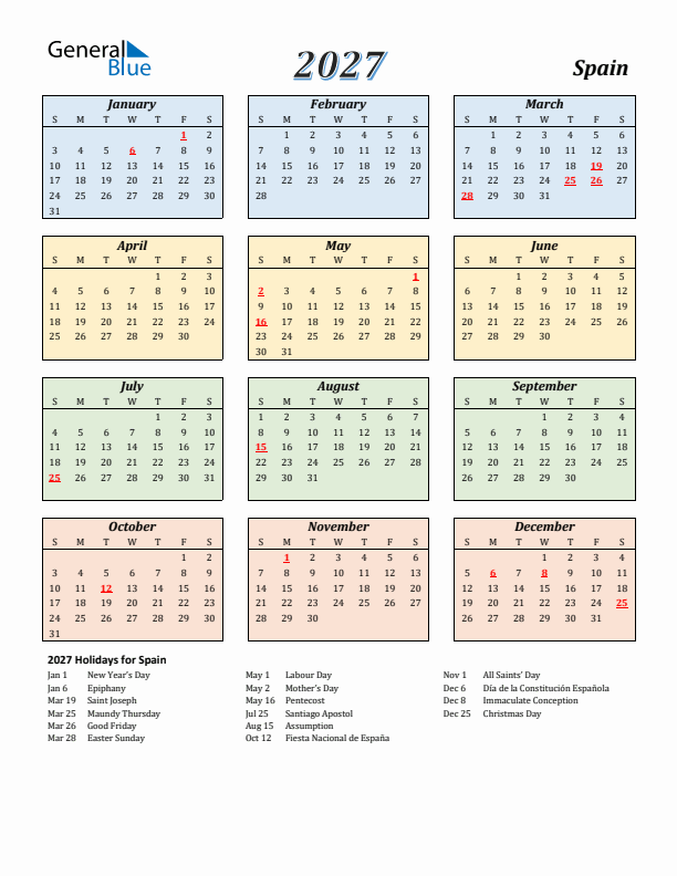 Spain Calendar 2027 with Sunday Start