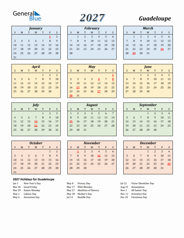 Guadeloupe Calendar 2027 with Sunday Start