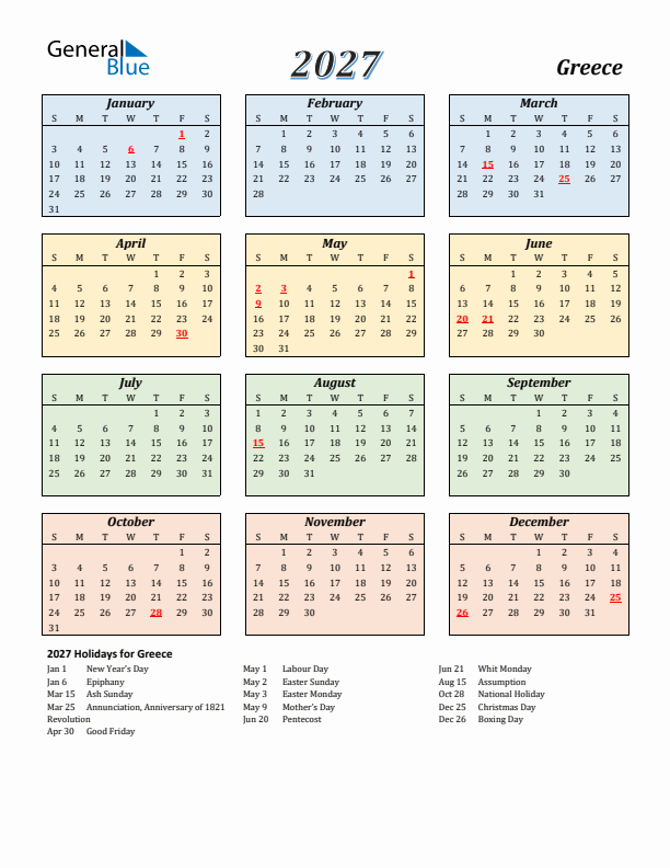 Greece Calendar 2027 with Sunday Start