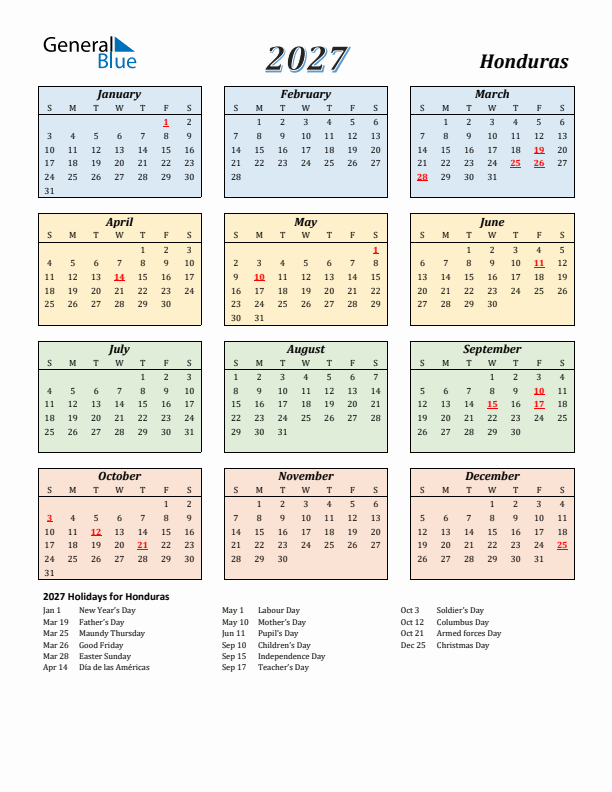 Honduras Calendar 2027 with Sunday Start