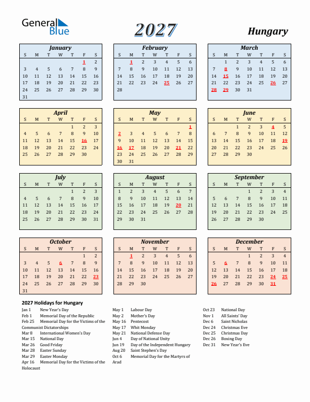 Hungary Calendar 2027 with Sunday Start