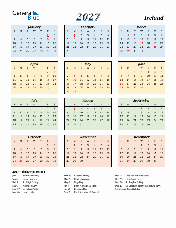 Ireland Calendar 2027 with Sunday Start