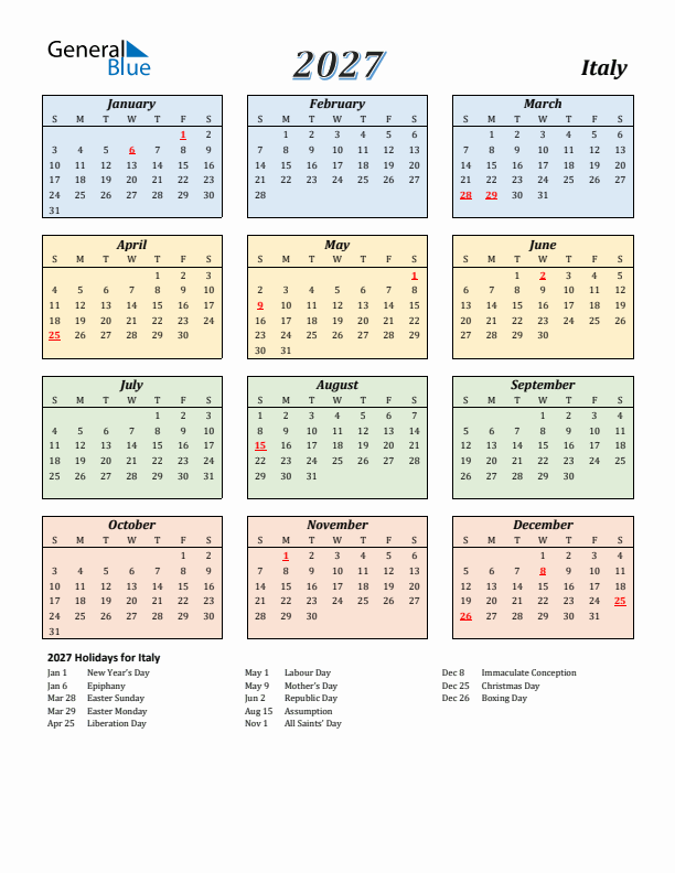 Italy Calendar 2027 with Sunday Start