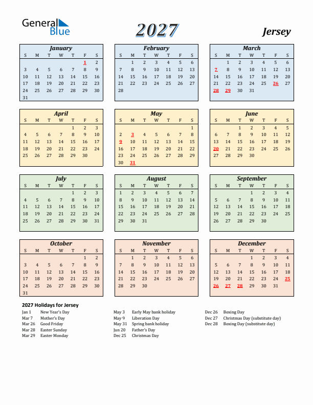 Jersey Calendar 2027 with Sunday Start