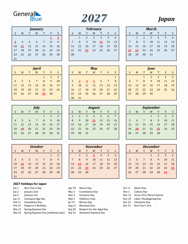 Japan Calendar 2027 with Sunday Start